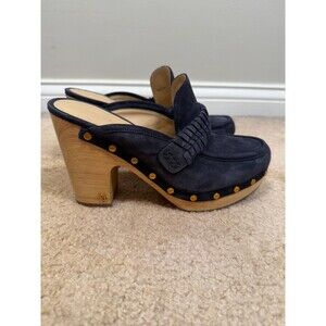 Veronica Beard Delia Clog Shoes Size 8 Navy Blue Suede Wooden Block Heel
